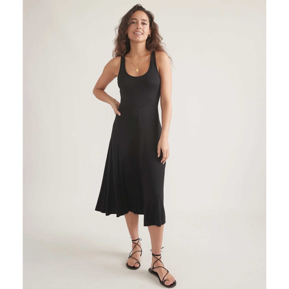Marine Layer Lexi Rib Fit and Flare Midi Dress Black Sleeveless XS